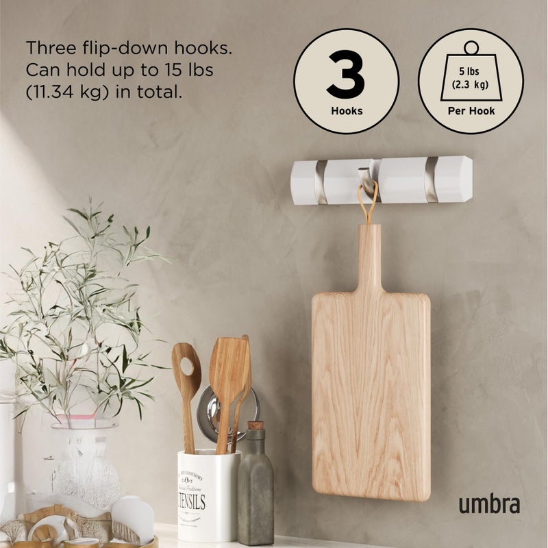 Umbra Flip Wall-Mounted Coat Rack with 3 Hooks â€“ Modern, Space-Saving Storage for Hats, Jackets, Bags, Entryway, Mudroom, Closet, Bathroom, Bedroom â€“ White/Nickel - Image 4